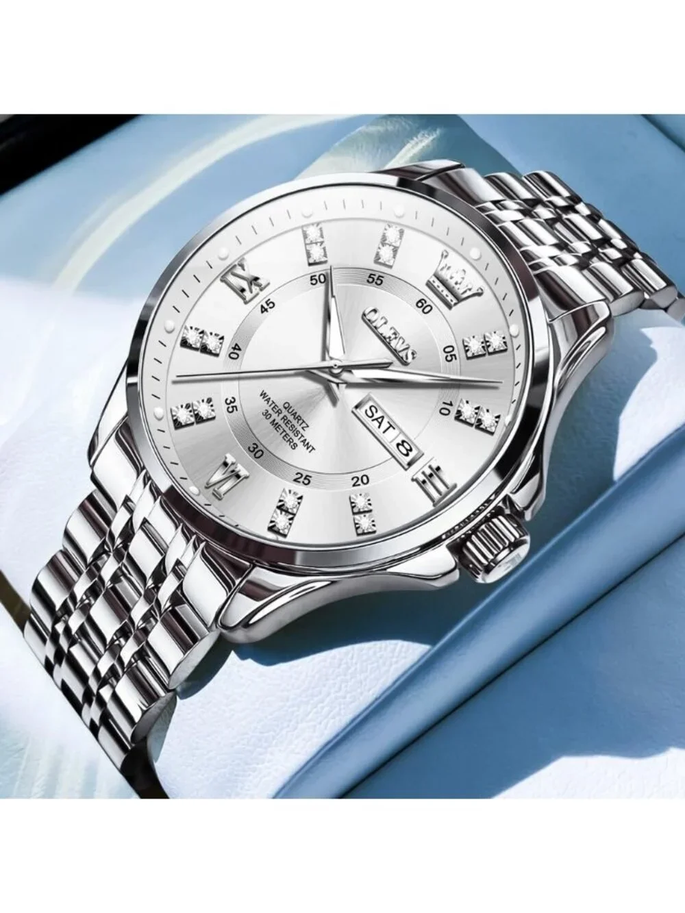 Men's Silver Diamond Stainless Steel Waterproof Luminous Analog Luxury Watch